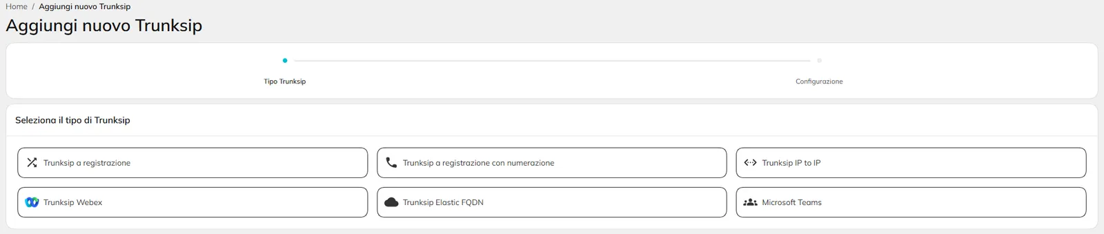 Schermata Hive con le sei tipologie disponibili per un nuovo Trunk SIP
